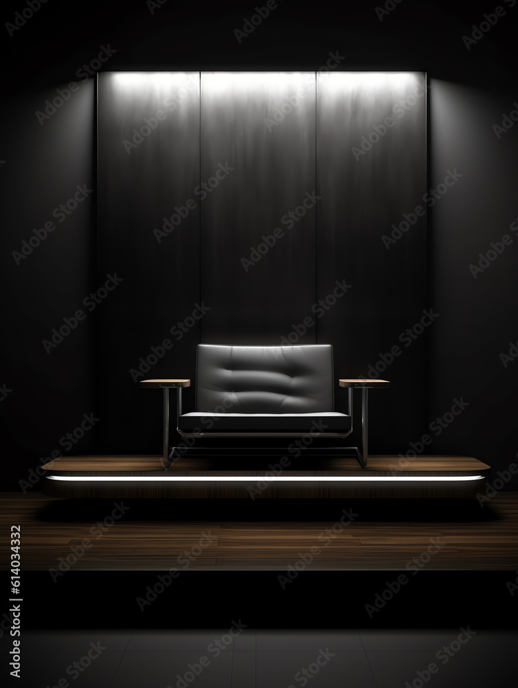 Generative AI A gramophone on wooden cabinet and black chair in dark retro room interior