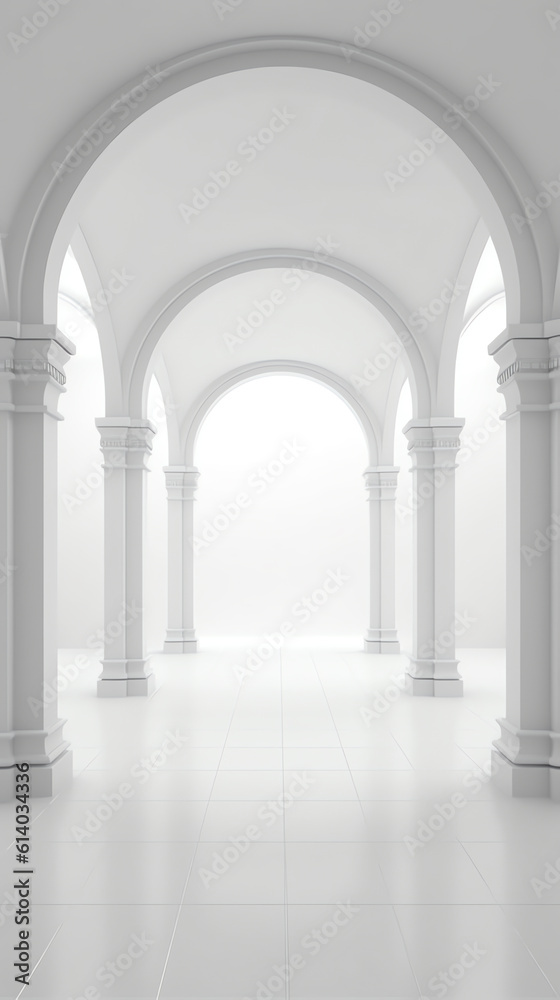 Fototapeta premium Generative AI View of empty white room with arch design and golden cross,Museum space, Chapel entrance,church, Perspective of minimal architecture. 3D render.