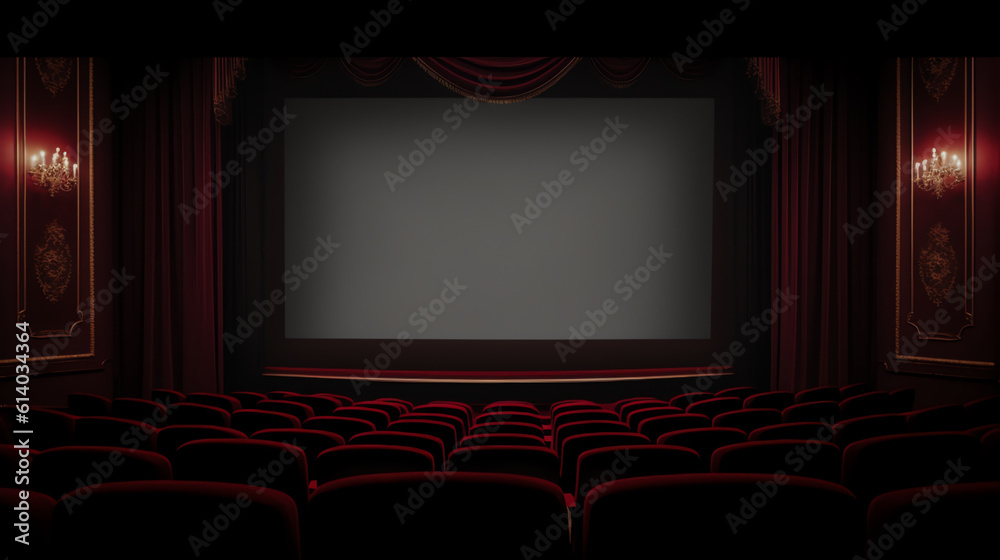 Fototapeta premium Generative AI Movie theater, cinema hall with white screen, red curtains and rows of seats. Realistic interior of dark cinema auditorium with light blank screen and chair backs. Premiere of film. 3D I