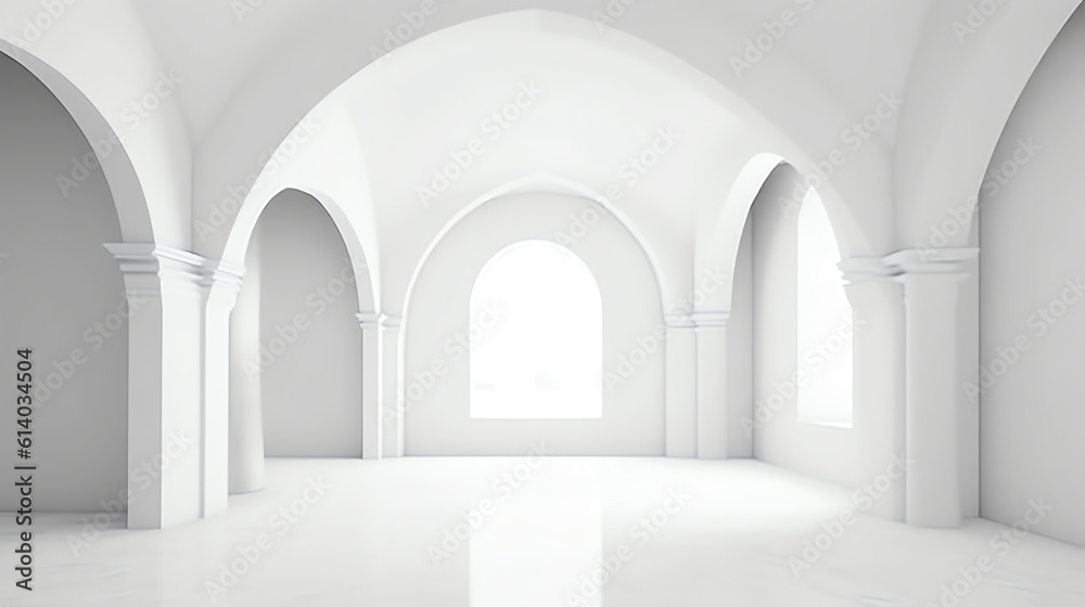Generative AI View of empty white room with arch design and golden cross,Museum space, Chapel entrance,church, Perspective of minimal architecture. 3D render.
