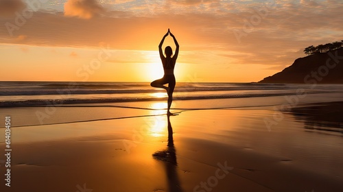 Young woman on beach achieves serene balance practicing yoga at sunrise, visualized by Generative AI.