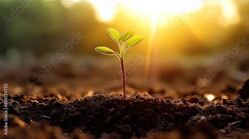 A young, verdant sprout emerging from nutrient-rich soil with a bright sun illuminating the background. Generative AI