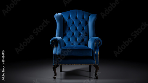 Generative AI Blue, cornflower, dark blue color armchair and small chair for legs. Modern designer armchair on white background. Textile armchair and chair. Series of furniture.