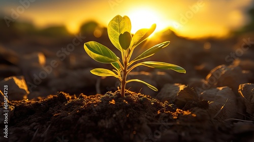 A young, verdant sprout emerging from nutrient-rich soil with a bright sun illuminating the background. Generative AI