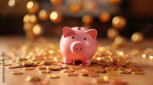 A pink ceramic piggy bank being filled with gold coins under warm lighting. Generative AI