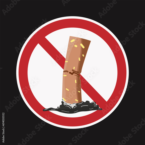 Isolated illustration of tobacco cigarette butts extinguished with ashes, cigarette butts extinguished with ashes and red circle crossed out restriction sign for no smoking area template