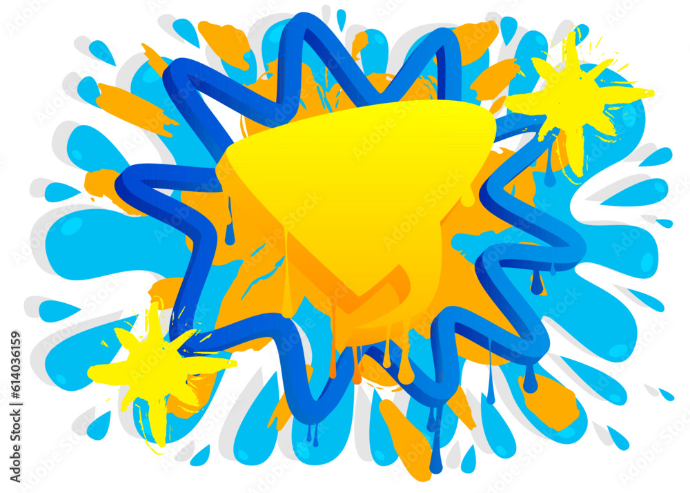 Blue, yellow Graffiti speech bubble isolated on white background. Abstract modern street art decoration backdrop performed in urban painting style. Blue, yellow Graffiti speech bubble isolated on white background. Abstract modern street art decoration backdrop performed in urban painting style.