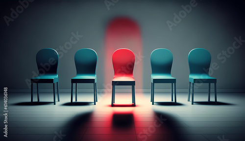 Job interview. A row of green chairs is lined up with a red chair in the middle. Generated AI
