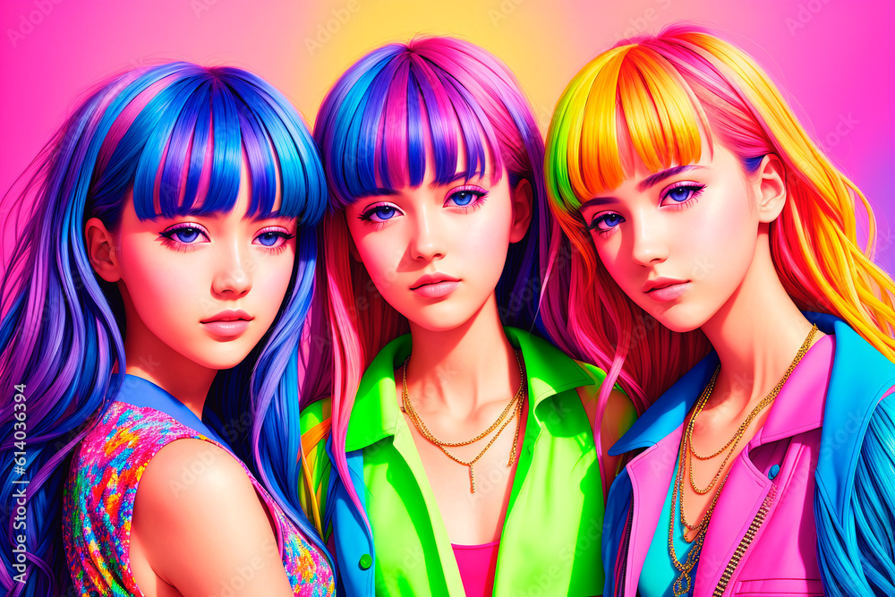Fashionable portrait of a group of friends of beautiful young women with a bright hairstyle and makeup. Generative AI.