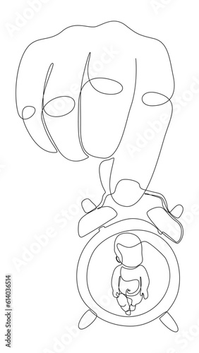 One continuous line of Alarm Clock and baby child. Thin Line Illustration vector concept. Contour Drawing Creative ideas.