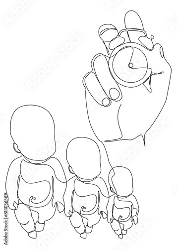 One continuous line of Alarm Clock and baby child. Thin Line Illustration vector concept. Contour Drawing Creative ideas.