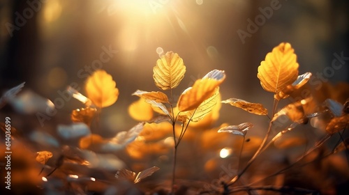 Golden Glow: Captivating Autumn Daylight Through Leaves Background © Nicha