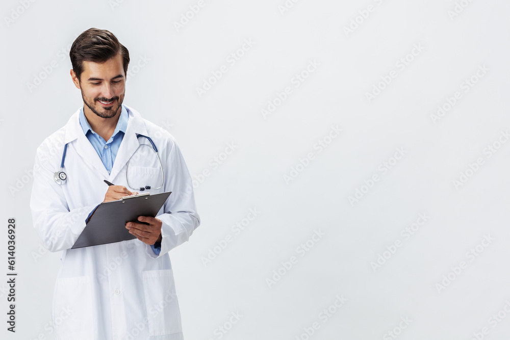 Man doctor in white coat with stethoscope and folder for notes and patient records smile and good test results on white isolated background, copy space, space for text, health Man doctor in white coat with stethoscope and folder for notes and patient records smile and good test results on white isolated background, copy space, space for text, health