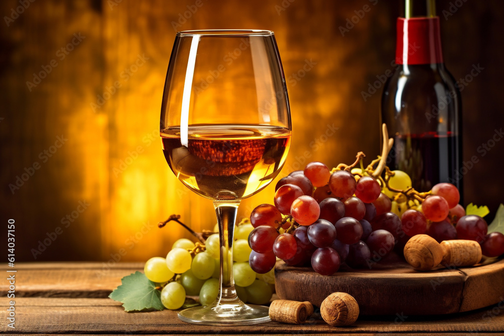 beverage food drink wine wooden bottle glass winery background alcohol grape. Generative AI.