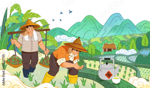 Farmers planting in terraced field