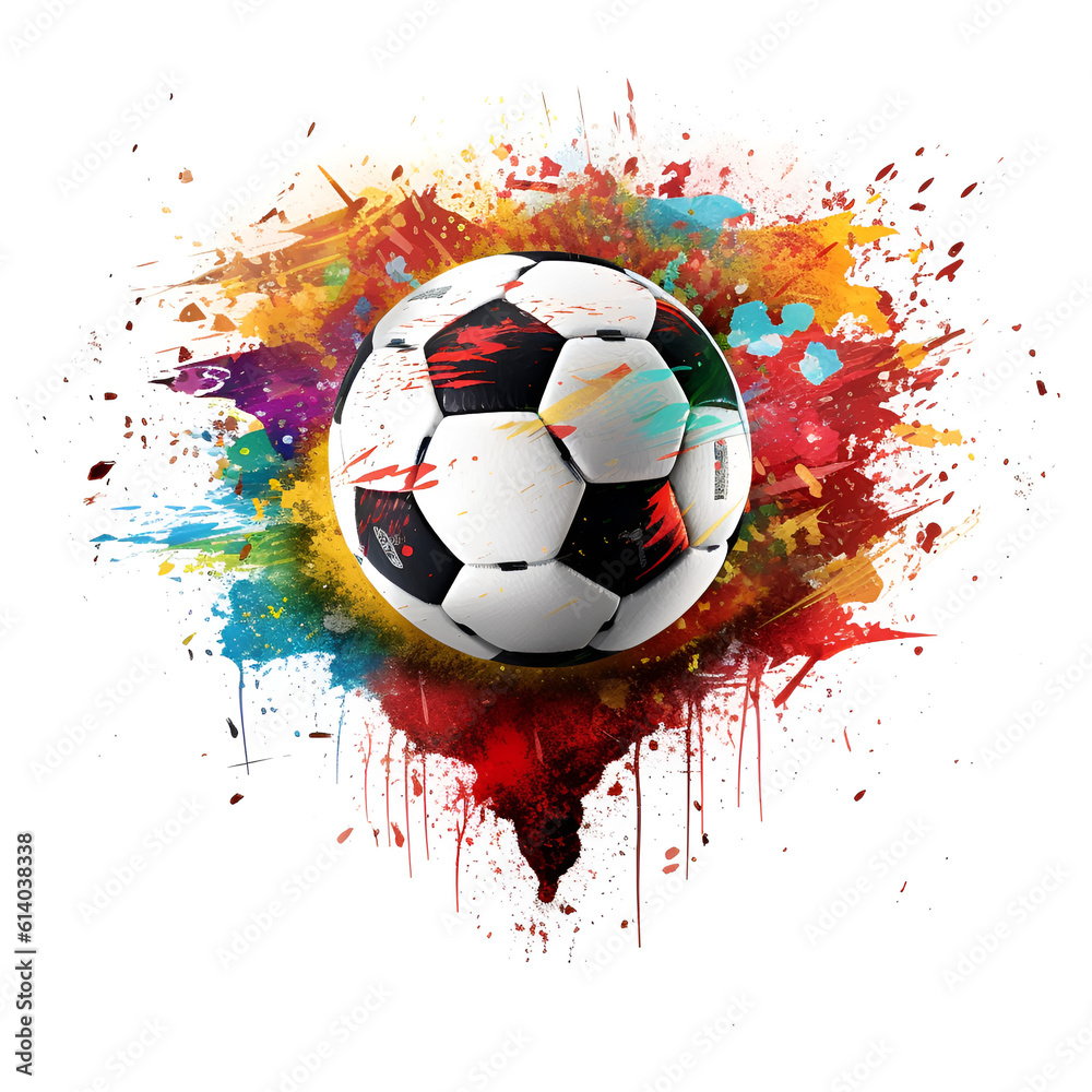 Football in colorful water splashes, on white background. Abstract ...