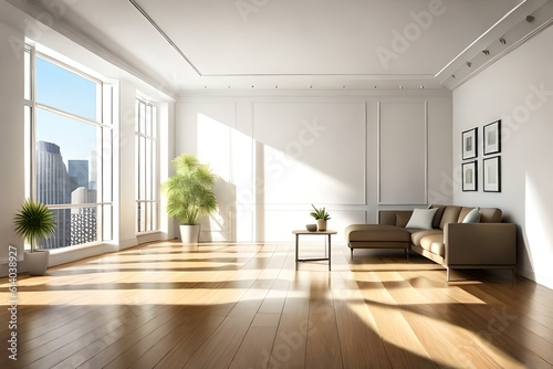 Empty room interior with arch entrance. Modern 3d living room, office or gallery with wooden floor, shadows and sun light from window on wall, realistic illustration. Modern living room. © Nyetock