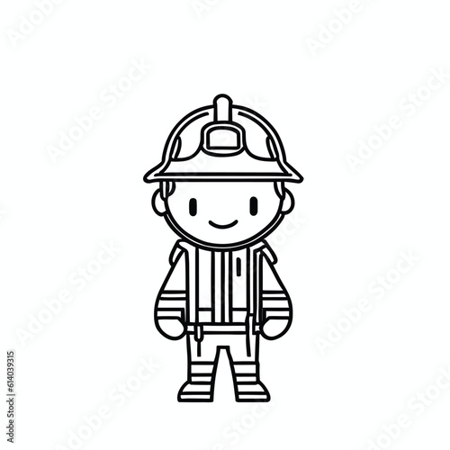 Chibi firefighter line art illustration with no background, featuring firefighter's uniform and helmet. © Pepen