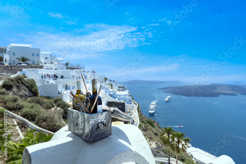 Fototapeta Naklejka Na Ścianę i Meble -  Greece Islands, scenic panoramic sea views of Santorini island from top outlook of Fira village.