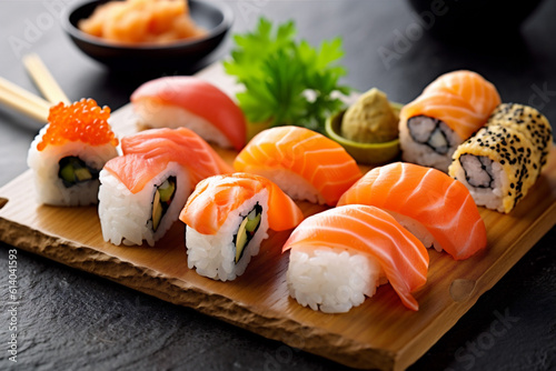 meal fish sushi rice set roll seafood japanese japan food. Generative AI.