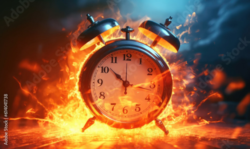 timer clock on fire. Time crunch, Burning clock working overtime to finish work,Shopping time clock for last minute offer. 