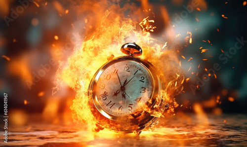 timer clock on fire. Time crunch, Burning clock working overtime to finish work,Shopping time clock for last minute offer. 