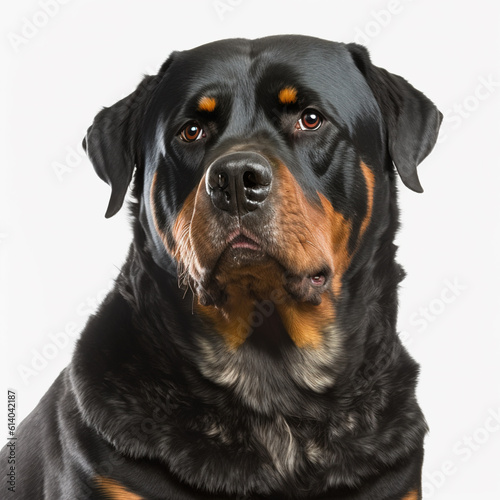 Adorable rottweiler dog portrait looking at camera isolated on white background as concept of domestic pet in ravishing hyper realistic detail by Generative AI.