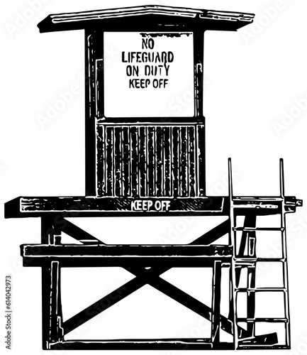 Lifeguard hut with sign no lifeguard on duty, keep off. illustration in black, isolated 