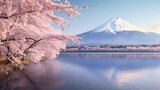 fuji mountain and cherry blossoms in spring, japan. Generative AI