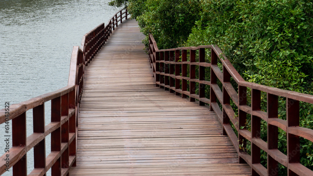 Fototapeta premium Red wooden bridge that goes down the hill stretches to the front. Mangrove forests and rivers flanking it. Landmark of Rayong Thailand. Wooden bridge watching the mangrove forest.