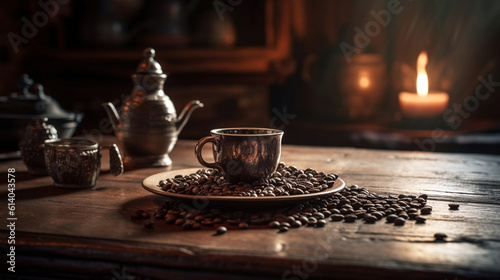 Hot Coffee cup and coffee beans roasting on the wooden table and the coffee shop background