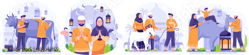 Illustration Set of Happy Eid Al Adha Mubarak. Muslim People celebrate Eid Al Adha. Vector illustration