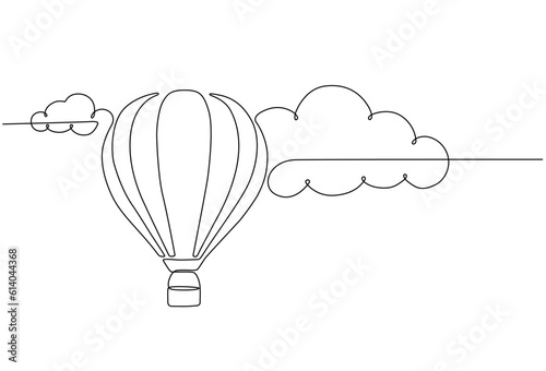 Continuous line drawing of hot air balloon in sky with clouds. hot air balloon icon in single line doodle style.One line design, hot air balloon in the sky with clouds background