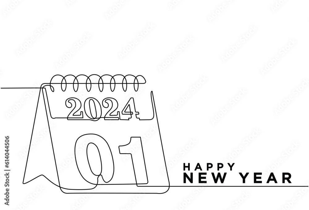 Continuous line drawing of calendar day icon with 1 january 2024
