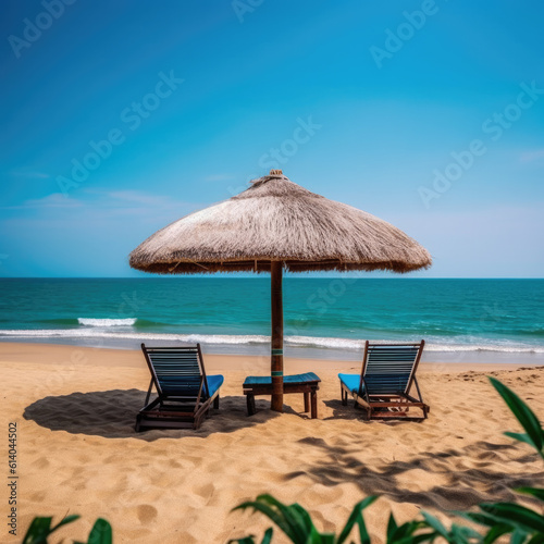 Chaise lounge and umbrella on sand beach © STORYTELLER