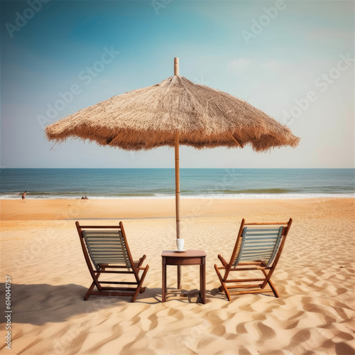 Chaise lounge and umbrella on sand beach