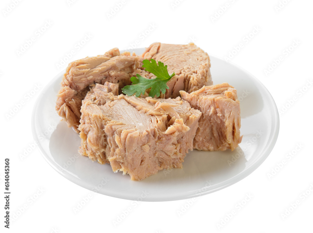 Canned tuna fish in plate on transparent png