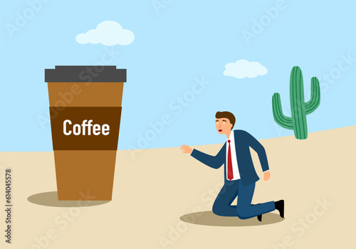 Thirsty businessman need drinking coffee in flat design.