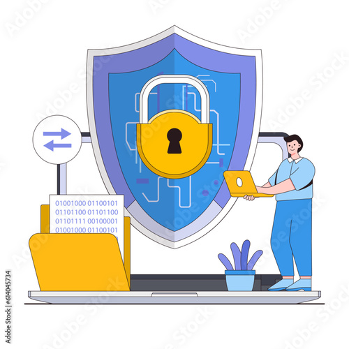 Data encryption vector illustration concept with characters. Secure data transfer, encryption technology, digital privacy. Modern flat style for landing page, web banner, infographics, hero images