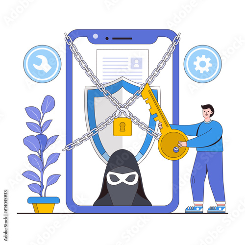 Online privacy vector illustration concept with people characters. Privacy settings, personal data protection, online anonymity. Modern flat style for landing page, web banner, infographics photo