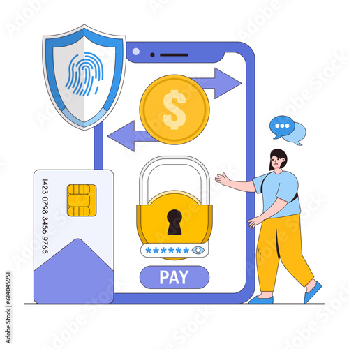 Secure payment transactions vector illustration concept with characters. Payment gateways, encrypted transactions, fraud prevention. Modern flat style for landing page, web banner, infographics