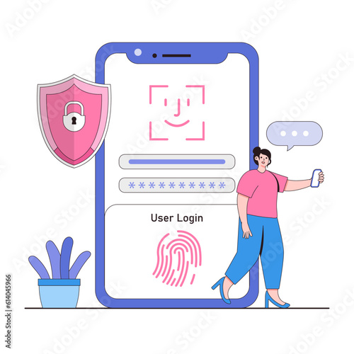 Biometric authentication vector illustration concept with characters. Fingerprint recognition, facial recognition, secure access control. Modern flat style for landing page, web banner, infographics