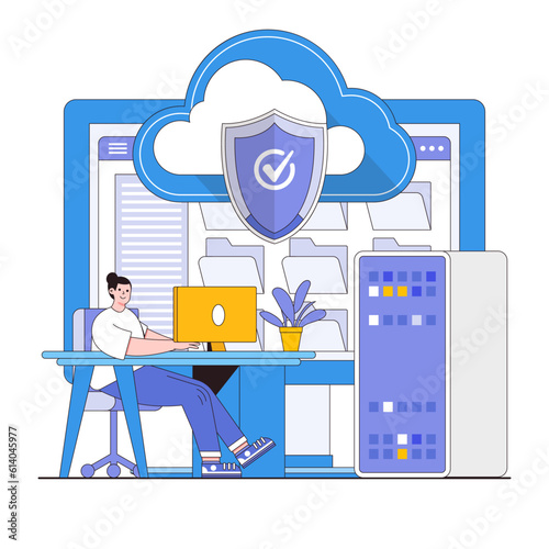 Cybersecurity solutions vector illustration concept with characters. Security software, threat detection tools, network protection. Modern flat style for landing page, web banner, infographics
