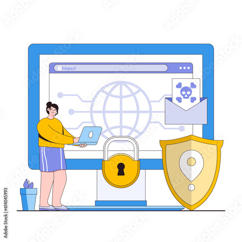 Safe online navigation vector illustration concept with characters. Web browsing security, phishing prevention, safe website usage. Modern flat style for landing page, web banner, infographics photo