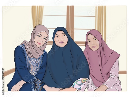 Muslim girl family hand drawn illustration. Beautiful woman dressed beautifully with hijab. Beautiful Muslim woman wearing hijab.