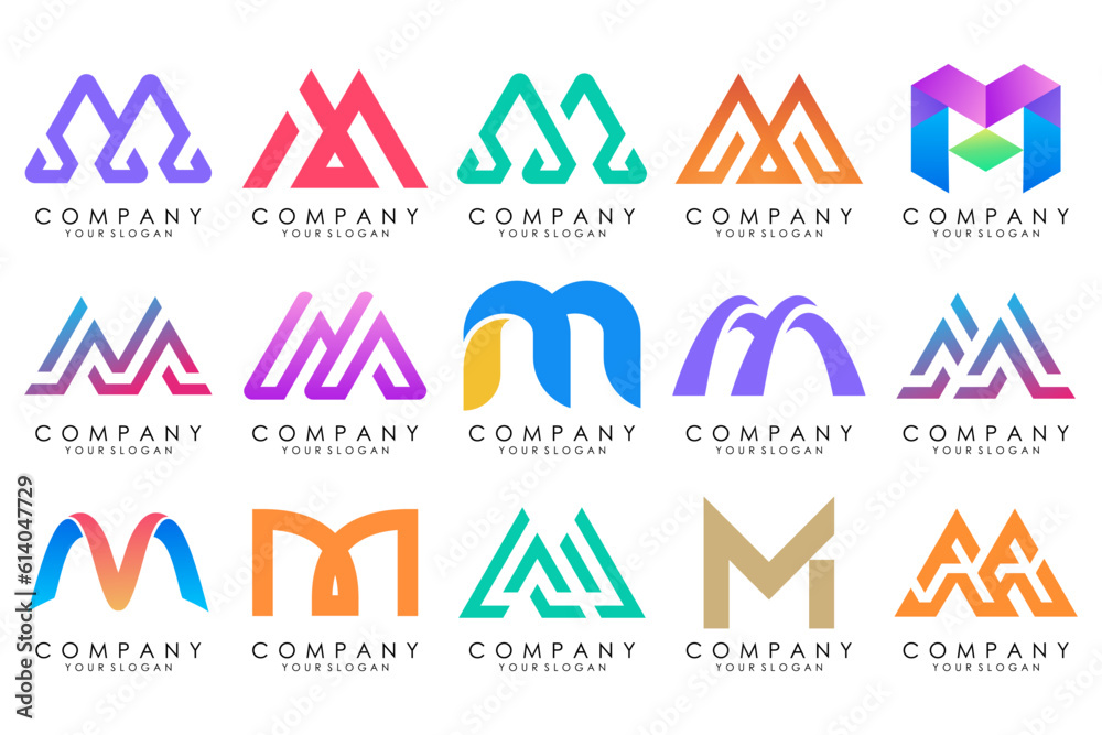 Set of letter M logo design vector. Collection of modern M letter design in colorful.