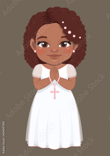 First communion concept with American African girl praying has a rosary in her hand and standing on brown background vector