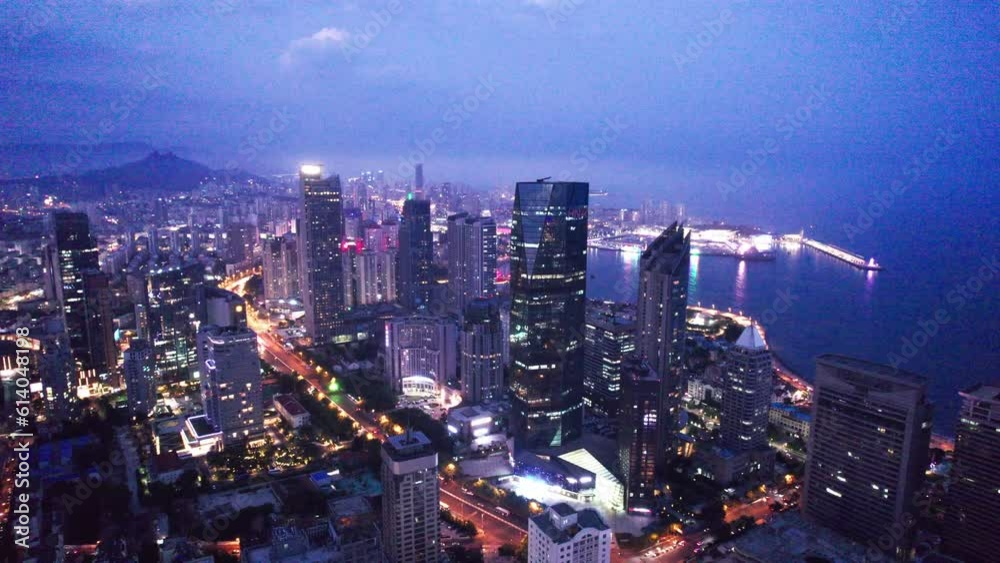 Aerial photography of Qingdao city building skyline night view