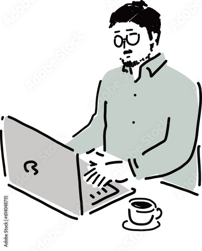 メガネの男性がパソコンで仕事をするイラスト