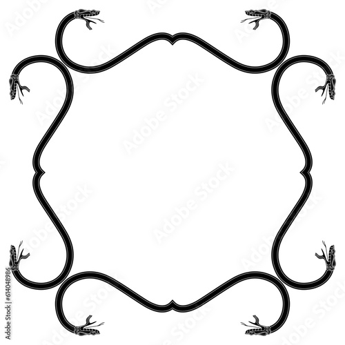 Rectangular animal frame with snakes. Ancient Greek antique style. Black and white silhouette.